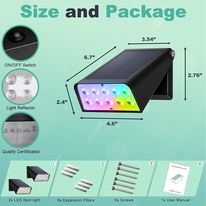 Solar Lights Outdoor Waterproof, Father's Day 4th of July Decor Gift, 6-Mode RGBW Color Changing, 90° Adjustable, Auto On/Off for Fence, Patio, Garden, Yard, Pathway, Porch (2-Pack)