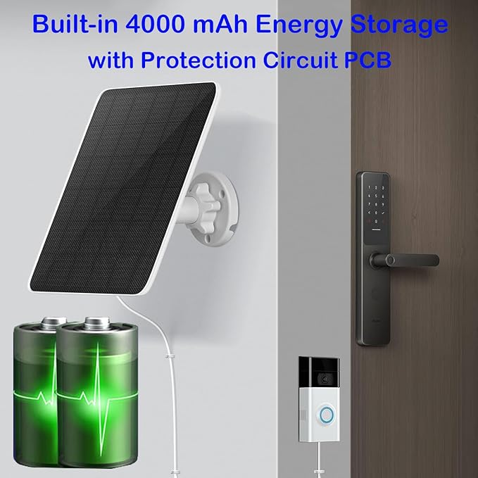 Solar Charger for Ring Doorbell with Built-in Energy Storage – Solar Panel Compatible with Ring Battery Doorbell Pro/ Plus and Video Doorbell 4/ 3 Plus/ 3, Weatherproof Continuous Charging