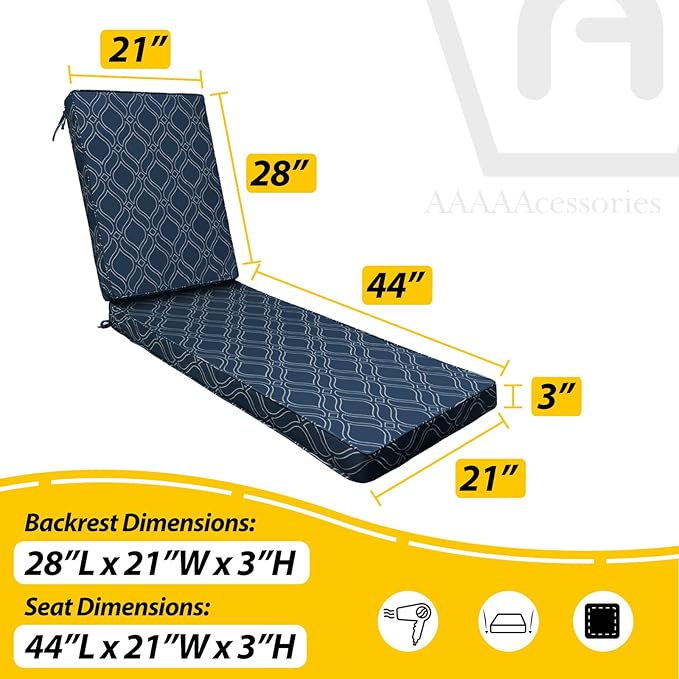 AAAAAcessories Outdoor Chaise Lounge Cushions, Fade-Resistant, Waterproof Patio Furniture Replacement Cushions, 72" x 21" x 3", Slate Blue Vine Trellis