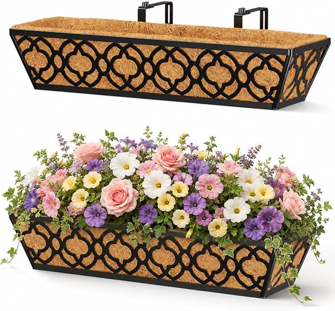 Y&M Railing Planter Boxes 24 Inch 2 Pack, Hanging Balcony Planter, Adjustable Deck Railing Planter Box, Metal Window Boxes Outdoor for Fence, Porch Flower Pots Holder