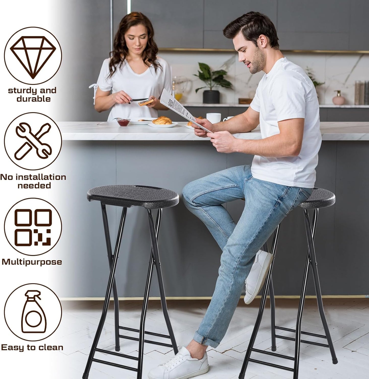 Suzile 2 Pcs Tall Folding Chair Portable Plastic Stool Chair Heavy Duty Foldable Bar Stools with Handle for Adults Kitchen Counter Room Home Camping Indoor Outdoor, 300lbs Capacity (27 Inch)