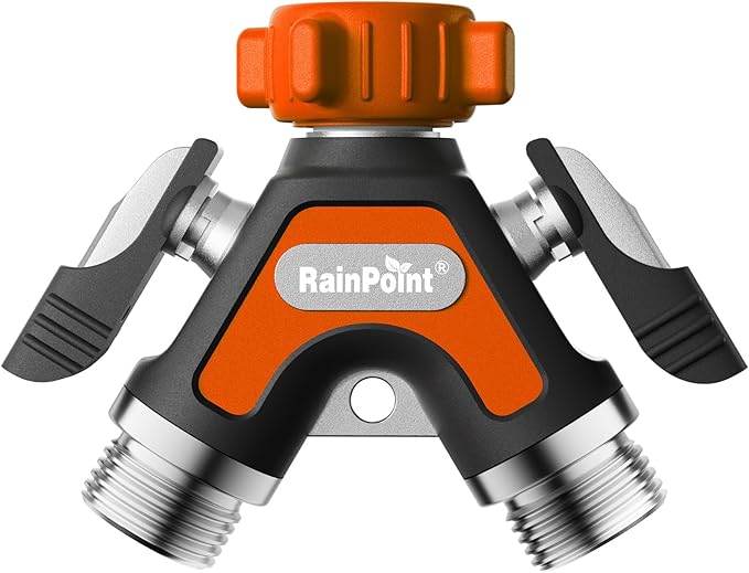 RAINPOINT Garden Hose Splitter 2 Way, All Metal Heavy Duty Water Hose Y Splitter With 2.05" Extra Long Side Handle & Shut Off Valves, 3/4 Inch GHT Thread Connector For Outdoor Spigot Faucet (Orange)