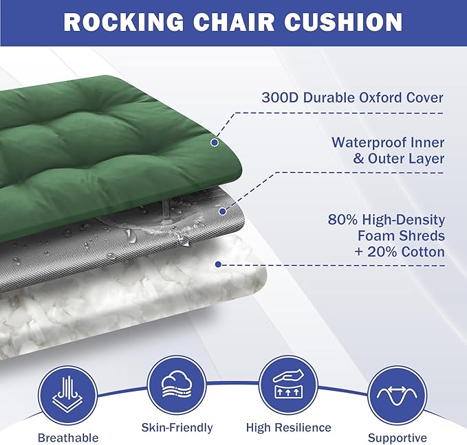 IPYNBAP Rocking Chair Cushion, Waterproof and Fade-Resistant Patio Chair Cushions, Tufted Chair Pads for Rocker Furniture, 17x17 Inch, Indoor/Outdoor Seat Cushions with Ties, Dark Green