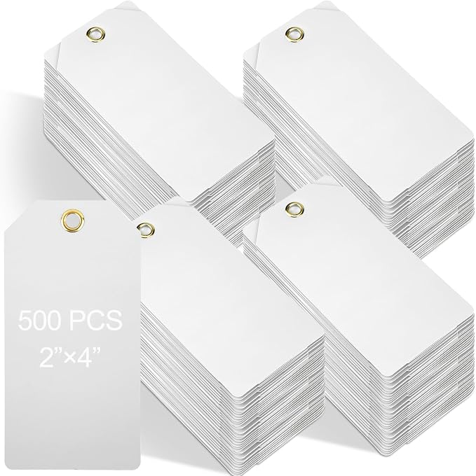 Thyle 500 Pcs Blank Plastic Shipping Tags with Wire Waterproof Labeling Hang Tags with String and Holes for Luggage Inventory Name Price Clothing Bag(2" x 4",White)