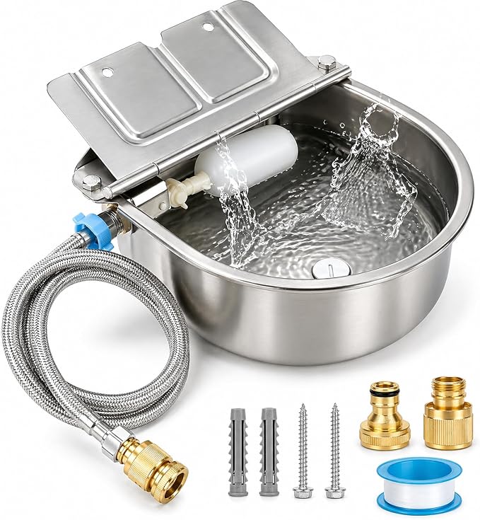 FHTONGE 304 Stainless Steel Automatic Dog Water Bowl Dispenser with Drainage and Float Valves, Large Auto Fill Dog Waterer for Outdoor Big Dog Livestock Poultry Horse Cow Goat Pig Chicken Duck Rabbit
