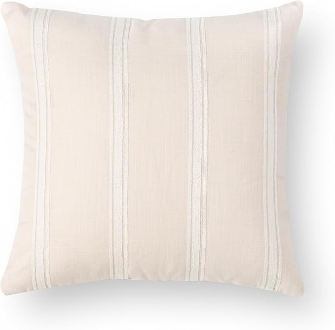 Crumbs Home Modern Farmhouse Fall Linen Indoor Outdoor Throw Pillow Cover Only, 20"x20" Water Repellent for Patio, Backyard, Couch, Neutral Beige Vertical Stripes