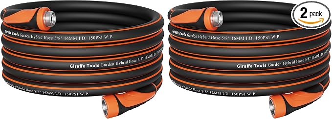 Giraffe Tools Garden Hose 50ft x 5/8", Water Hose Heavy Duty, Flexible, Lightweight Hybrid Hose with Swivel Handle, Male to Female Fittings, Burst 600 PSI (Pack of 2)