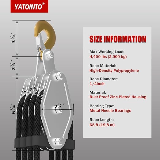 YATOINTO Rope Hoist Pulley System with Rope Guide Metal Bearing, 4400LB Pulley Block and Tackle, 8:1 Lifting Power 65ft, Heavy Duty Pulley Block for Hunting Lifting Pulling Garage Warehouses Building
