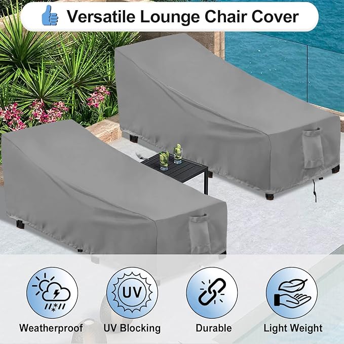 OutdoorLines Outdoor Waterproof Patio Chaise Lounge Chair Cover - UV Resistant Lounger Covers Heavy Duty Weatherproof Patio Sofa Furniture Covers, 2 Packs, 78Wx35.5Dx33H Inches, Gray
