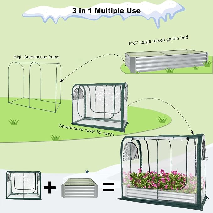 PORAYHUT All-in-One Raised Garden Bed and Greenhouse Kit,Metal Outdoor Planter Box with Pop up Tunnel Greenhouse Cover ,Vegetables, Flowers for Cold Frost Protector (72.4X 36.6 inch)