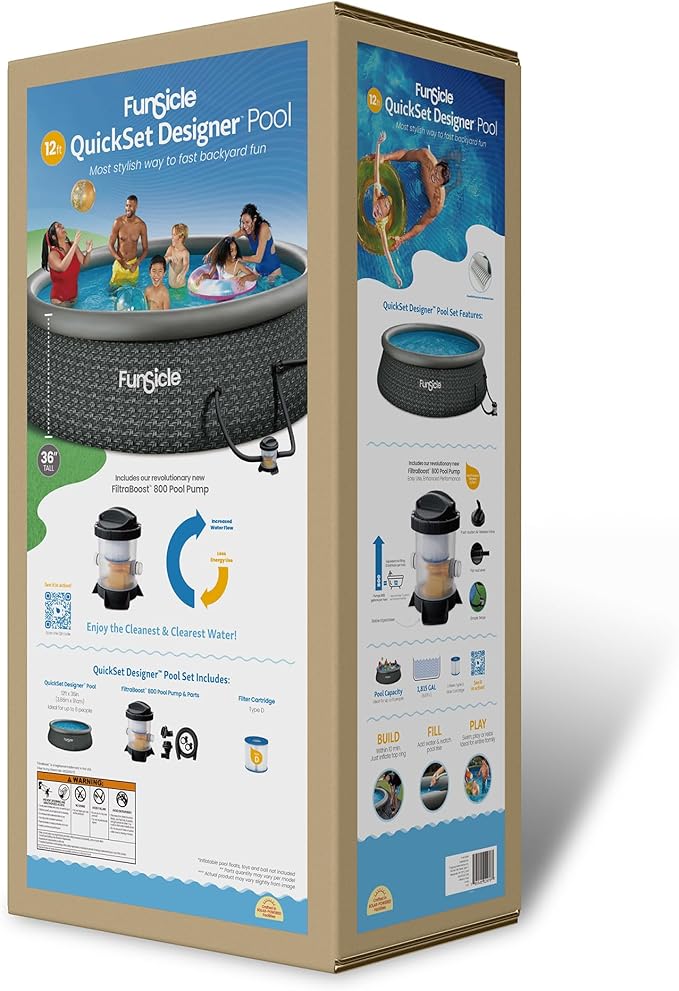 Funsicle Quickset Designer 12' x 36" Round Above Ground Swimming Pool, with FiltraBoost 800 GPH Filter Pump, Type D Filter Cartridge & Repair Patch, Dark Herringbone Print