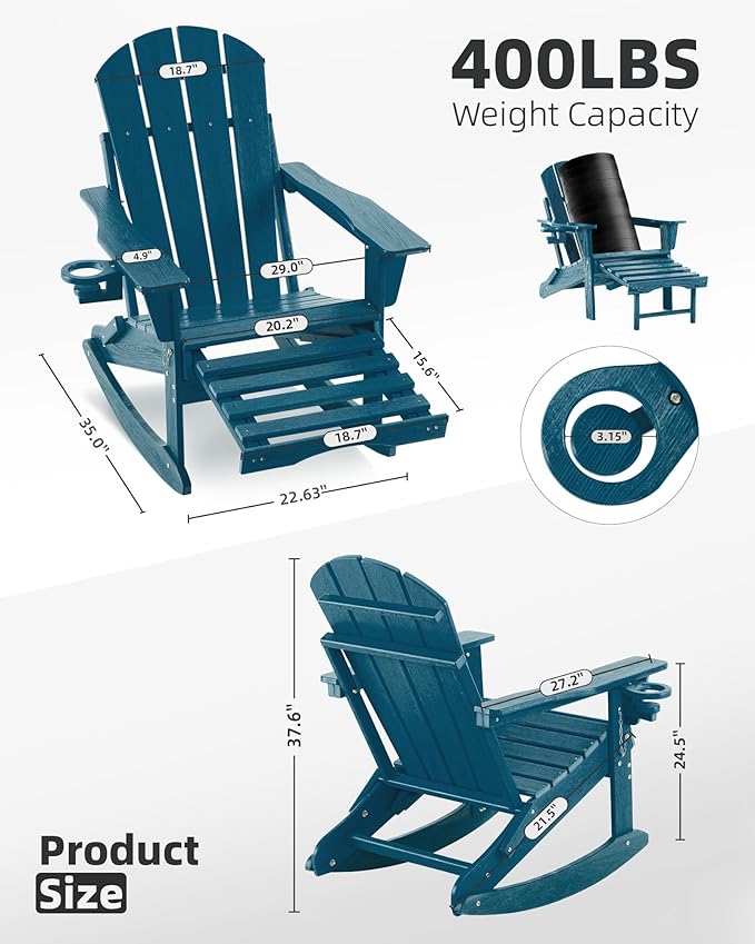 Folding Adirondack Rocking Chair Set of 2,4-in-1 Multifunctional Patio Chairs with Retractable Ottoman, Outdoor Chairs Wood Texture, Lawn Chair for Porch, Backyard, Pool(Navy Blue)