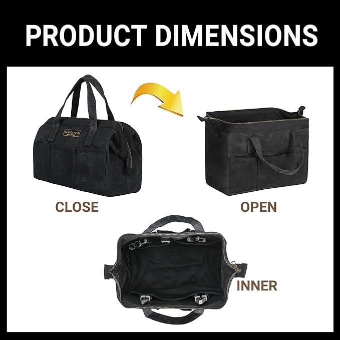 Tool Bag with Zipper, Heavy Duty 16oz Waxed Canvas Wide Mouth Tool Tote Bag, 13-inch Muti-Purpose Storage Tool Pouch with Side Pockets
