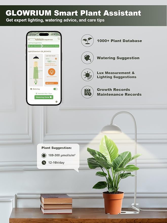 GLOWRIUM Smart Grow Lights for Indoor Plants,10W Full Spectrum Plant Lights with Bluetooth App Control, 360° Flexible Gooseneck Grow Lamp, Auto Timer 3/9/12Hrs, 10 Brightness for Small Plants (White)