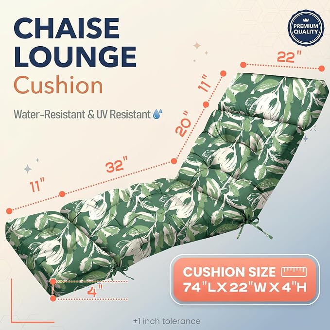 MAGIC ELEPHANT Chaise Lounge Cushion Outdoor, Memory Foam Patio Lounge Chair Cushion with Ties for Outdoor Furniture, 74 x 22 x 4 Inch (Forest Green Tulip)