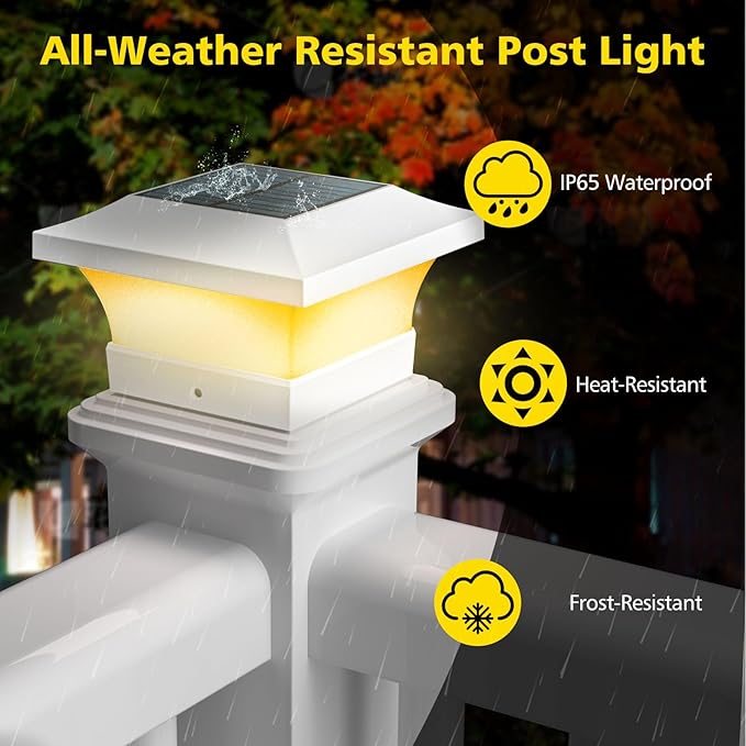 T-SUN Solar Post Cap Lights, Waterproof Outdoor Solar Powered Deck Fence Post Lights for 4 X 4 Wooden/Vinyl Posts, 3000K Warm White Lighting Decor for Deck, Patio, Garden, Porch, Fence(White - 2 Pack)