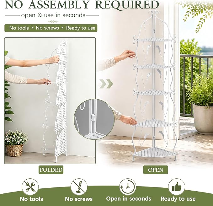 Gisafai 5 Tier Outdoor Corner Plant Stand, Corner Bakers Rack, No Assembly Required Metal Corners Shelf, for Patio Garden Balcony Indoor Outdoor Decor (White)