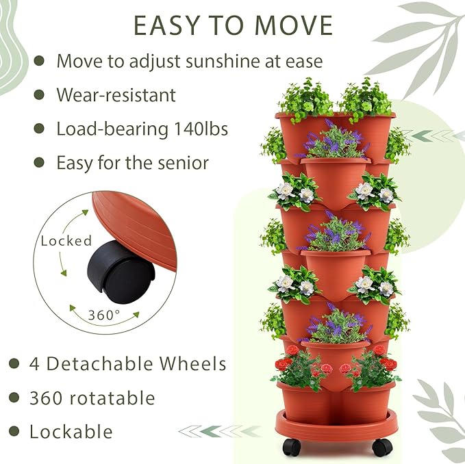 Umigy 1 Set Clay Red 7 Tier Stackable Vertical Planters with Removable Wheels and Tools Tower Planters Strawberry Herb Flower Vegetable Pots Indoor Outdoor Gardening Pots