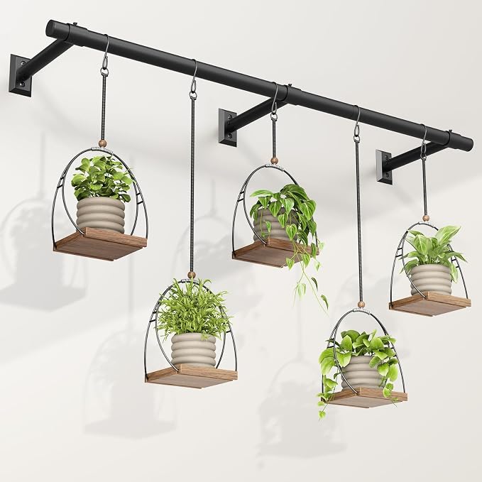 Window Plant Hanger for Indoor Plants, 80 Inch Hanging Plant Rod, 1 Inch Diameter Metal Rod, Hanging Plant Holder for Window Wall, Matte Black, Square Flange Base, Pots Not Included