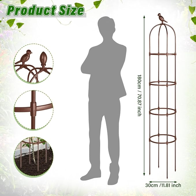 Sadnyy 4 Pack 6 ft Garden Obelisk Trellis for Climbing Plants Outdoor- Heavy Duty Rustproof Metal Pipe with Plastic Coated Plant Trellis for Clematis Grape Pea Vines Tomatoes Cucumbers Flowers(Brown)