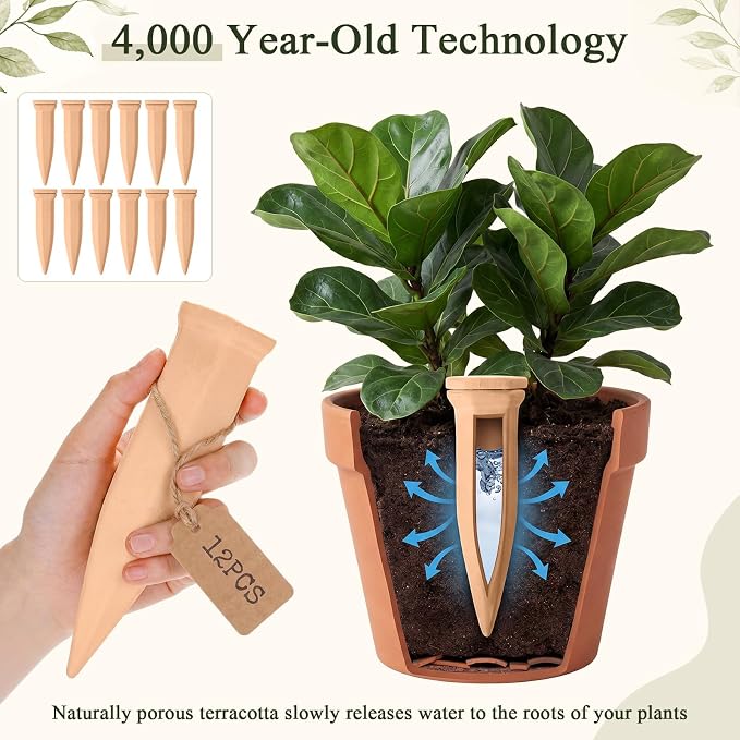 12 Pack Terracotta Watering Spikes with Lids Plant Watering Spikes Automatic Plant Waterer Devices Outdoor Indoor Vacation Friendly Slow Release Self Waterer Planter Insert(Large)