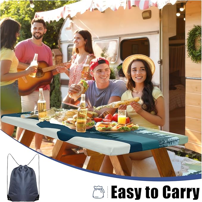 Smiry Picnic Table Cover with Bench Covers, Waterproof Elastic Fitted Tablecloth for 4 Foot Tables, Washable Polyester Tablecloths for Camping, Indoor & Outdoor (Green Blue, 24x48 Inch 3-pc Set)