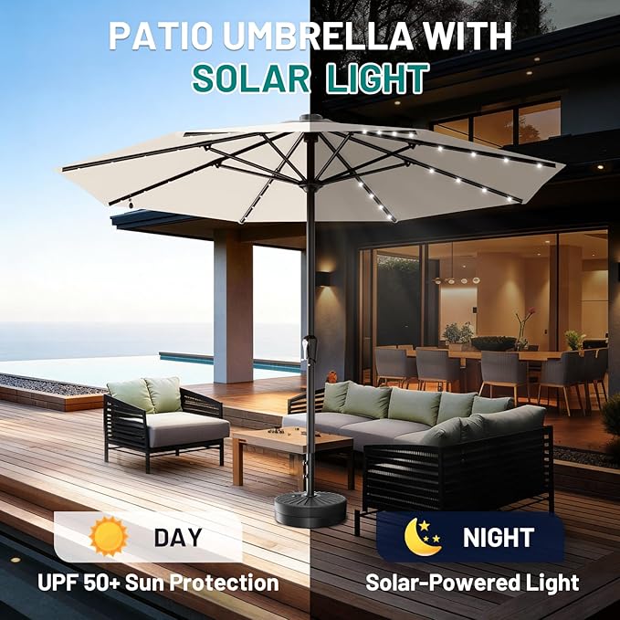 AreShark 11FT Large Patio Umbrella with Solar Lights, Lighted Solar Umbrella with Crank, Outdoor Table Market Umbrellas for Garden, Deck, Backyard, Pool and Beach, Cream-White