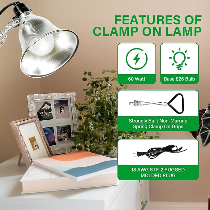 Simple Deluxe Clamp Light with 5.5 Inch Adjustable Aluminum Reflector, Suit for E26 Socket Max 60 Watt Lamp (No Bulb Included), 6 Feet 18/2 SPT-2 Cord, 2 Pack