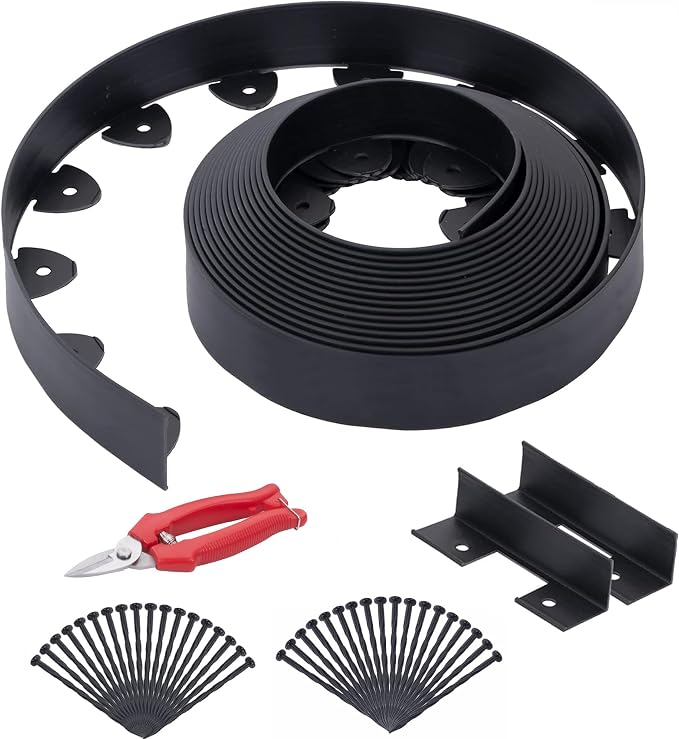40 Ft Landscape Edging, Garden Edging with 36 Pcs Spikes, 4 in Tall Plastic Edging for Landscaping, No Dig Garden Border Edging, Landscaping Edging Border for Flowerbed Lawn Yard Grass, Black