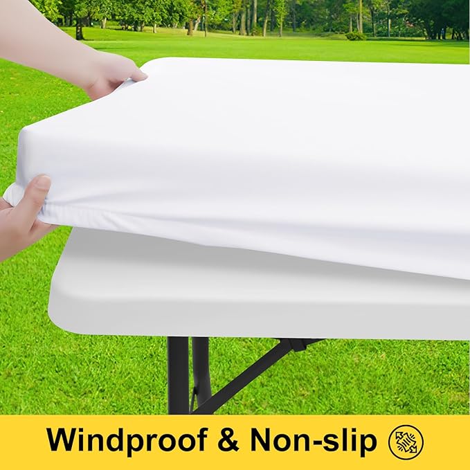 Smiry Picnic Table Cover with Bench Covers, Waterproof Elastic Fitted Polyester Tablecloths for 5 Ft Rectangle Tables, Washable Windproof Tablecloth for Camping, RV & Outdoor (White, 30x60 Inches)