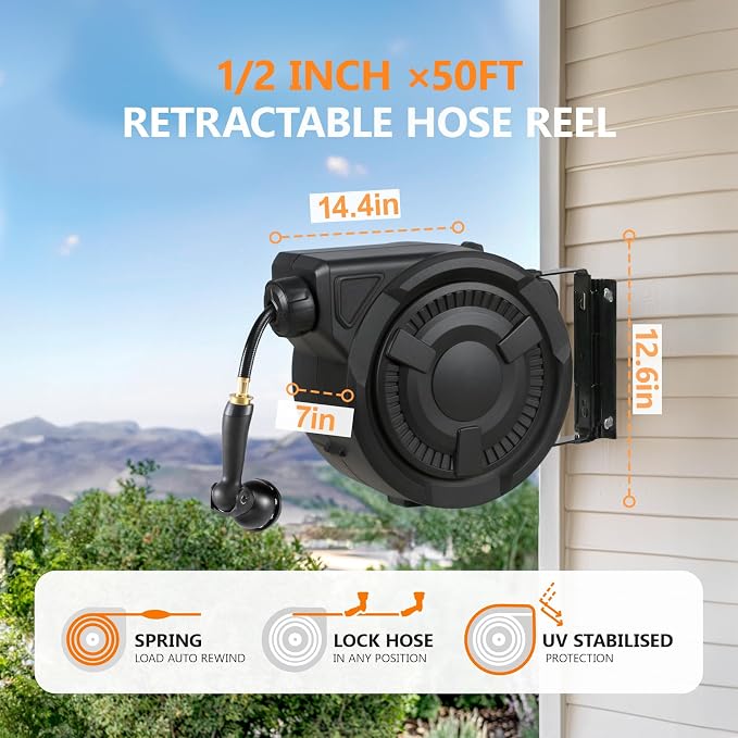 wikiwiki Retractable Garden Hose Reel 1/2 in x 50 ft, Heavy Duty Wall Mounted Hose Reel with 10- Function Sprayer Nozzle, Automatic Slow Return System/180°Swivel Bracket/UV Resistant (Black)