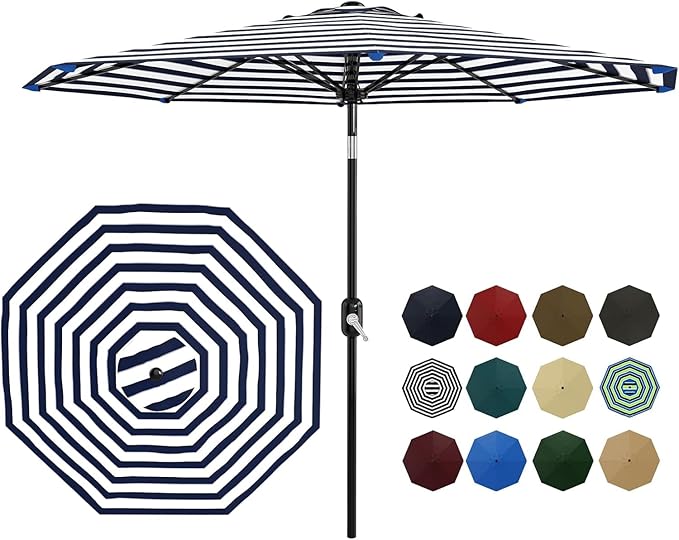 Garvee 9 ft Patio Umbrella - 8 Sturdy Ribs Outdoor Table Umbrella with Crank Lift & Push Button Tilt - Market Umbrella for Pool, Deck, Yard, Garden -Navy blue & White Stripe