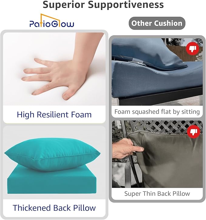 PatioGlow Outdoor Seat Cushion Set 22 x 22 x 4 Inch, Waterproof & Fade Resistant Patio Furniture Cushions with Removable Cover and Ties, Thick Deep Seating Pads for Outside Chair Sofa Couch, Teal