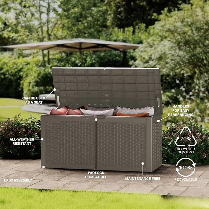 Outdoor Storage Box 325GAL Waterproof Resin Deck Box,Pool Accessories Supplies，UV-Resistant Lockable Package Delivery Bin for Garden Tools,Large Patio Outside Cushions,Chest,Furniture,Grey