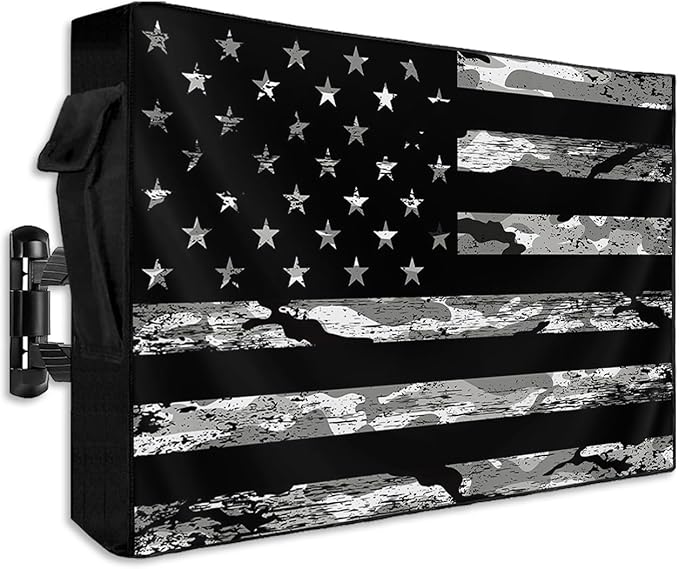 American Flag Outdoor TV Cover 52 to 55 Inch Weatherproof, Camouflage Black Stripes 600D Oxford TV Covers with Zipper, Vintage US Flag Outside Flat TV Screen Protector Size 52"W x 19"H x 4.5"D