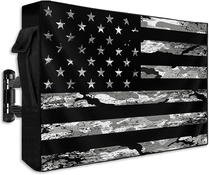 American Flag Outdoor TV Cover 48 to 50 Inch Weatherproof, Camouflage Black Stripes 600D Oxford TV Covers with Zipper, Vintage US Flag Outside Flat TV Screen Protector Size 48"W x 30"H x 4.5"D