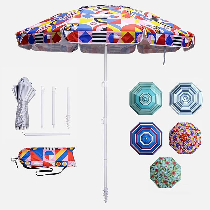 LOTTAFUN 6ft Beach Umbrella - Heavy Duty Wind Resistant UV 50+ Portable Sun Shade with Sand Anchor & Carry Bag, Outdoor Folding Umbrella for Beach, Pool, Patio, Garden (Blue strip)