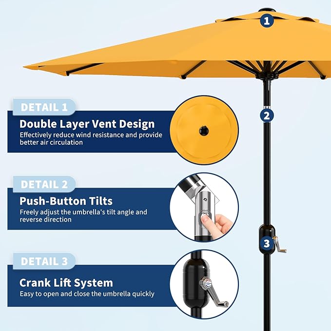 Garvee 10 ft Outdoor Patio Umbrella 8 Sturdy Ribs Outdoor Table Umbrella with Crank Lift & Push Button Tilt - UV Protection Waterproof Market Umbrellas for Pool, Deck, Yard, Garden, Yellow