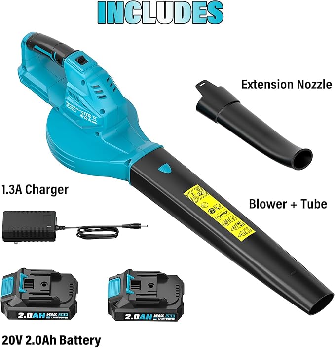 SEYVUM Leaf Blower, 20V Cordless Blower with 2 x 2.0Ah Battery, Electric Leaf Blowers for Lawn Care, 350 CFM 150 MPH Battery Powered Leaf Blower, for Patio, Garden Cleaning, Fast Charger, Blue