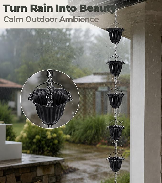 Black Rain Chain for Gutters, 12 Cup Tulip Decorative Water Feature, 8FT 8IN Adjustable Metal Chain Rain Diverter for Modern Outdoor Garden Décor with Crystal Accent