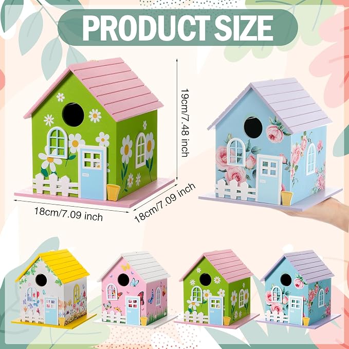 DoubleFill 4 Pcs Summer Wooden Bird Houses for Outside, Bluebird House, Hanging Nesting Box for Sparrow, Chick adee, Hummingbird Wren Cardinal Swallow Sparrow Finch