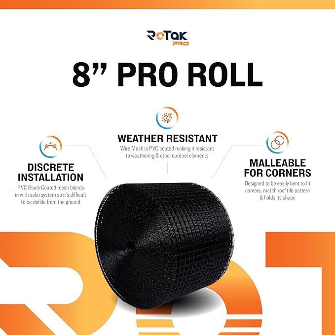Rotak Critter Guard PRO - 8in x 100ft Solar Panel Bird Prevention Roll Kit Pairs - Heavy Duty Galvanized Black PVC Coated ½ inch Wire Roll Mesh (8" x 100)