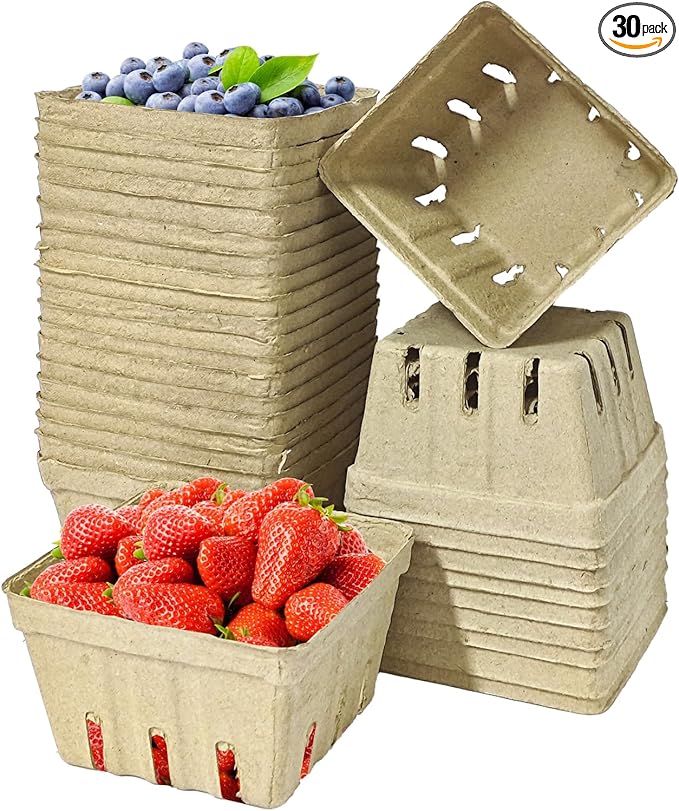 30 Pack Natural Pulp Fiber Berry Basket,Small Molded Produce Vented Basket Kitchen Supplies for Strawberry Blueberry Raspberry, Fruit Tray for Fruit Vegetable Farmer Market Grocery (Small)