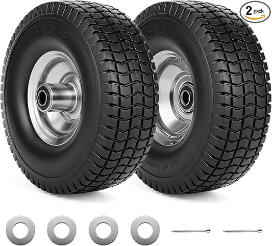 (2-Pack) RRQ 4.10/3.50-4 Flat Free Tire and Wheel, 10" Heavy Duty Solid Tire with 5/8" Bearings, 2.2" Offset Hub, One-Piece Welded Rims, Turf Tread, for Hand Truck, Dolly, Garden Cart, Wagon and More