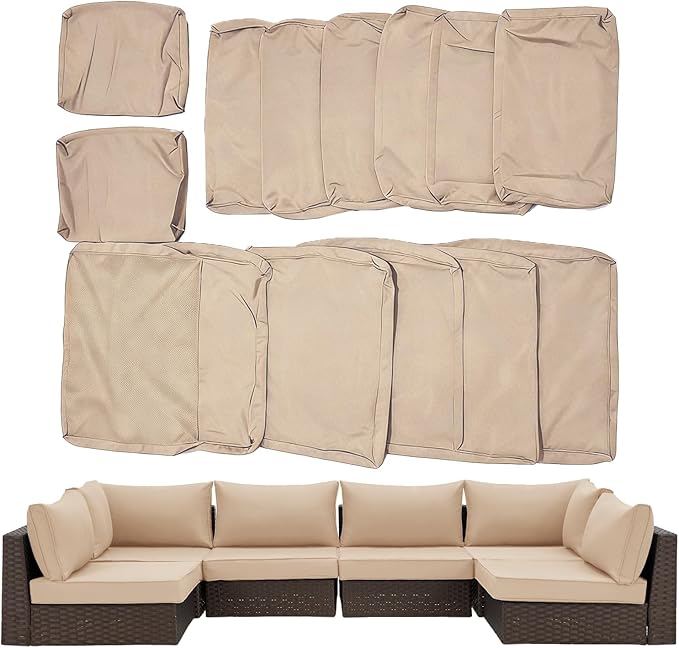 HOMREST 14-Piece Outdoor Cushion Covers Set for Patio Furniture, Reversible Double-Sided Sofa Slipcovers with Zipper, Water-Repellent Replacement Covers Only (Khaki, 25.6×25.6×3.9in)