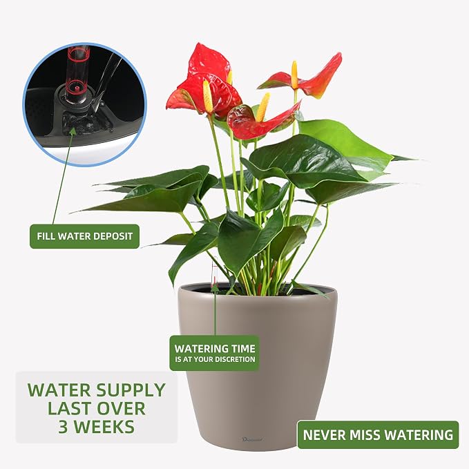 Dexceder 18x17 Self Watering Planter with Wheels (Taupe Matte) | Inner Pot Design, Thickened Large Floor Standing Flower Plant Pot with Water Level Indicator Indoor Outdoor