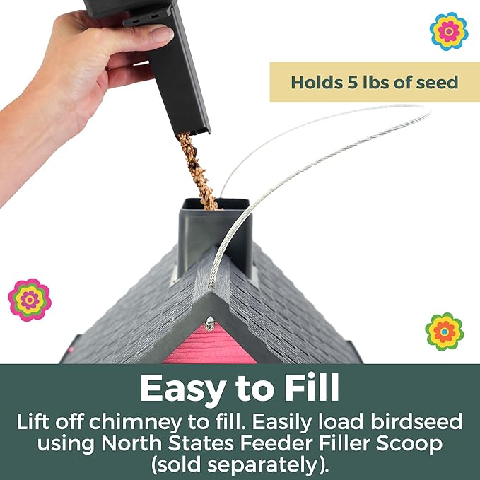 North States Village Collection - Fiesta Pink Cottage Bird Feeder: Hanging Bird Feeder for Outdoors, Holds 5 Pounds of Seed