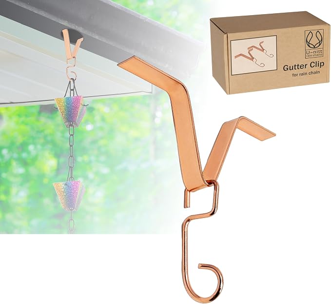 U-nitt Gutter Clip for Rain Chain Installation DIY | Gutter Adapter for Roof Downspout Chain | Water Collection | Copper Color 2 PK, Heavy Metal, 6 X 5 inches, Adjustable, Fits 2 in Gutter Hole