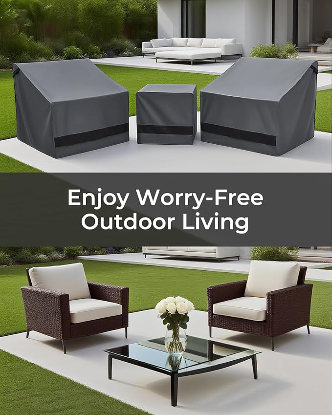 Loriano Patio Furniture Covers Set, 3 Piece Outdoor Furniture Cover Waterproof, 600D Heavy Duty Lawn Furniture Covers Set Grey