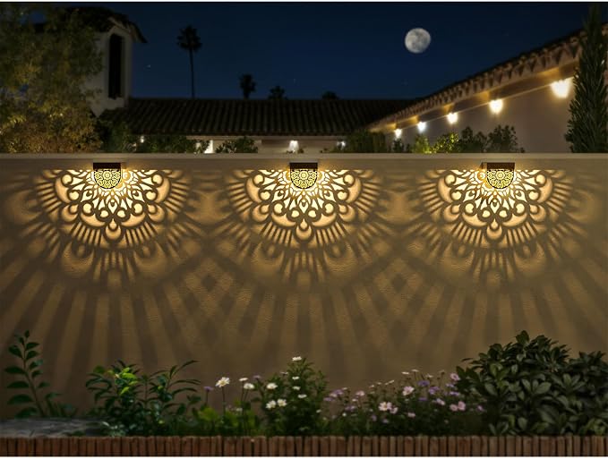 6 Pack Solar Fence Lights Outdoor Wall Lights Gold Plastic Solar Powered Deck Step Stair Lights Mandala Theme Waterproof Fence Solar Light for Garden Post Patio Backyard Yard Decor